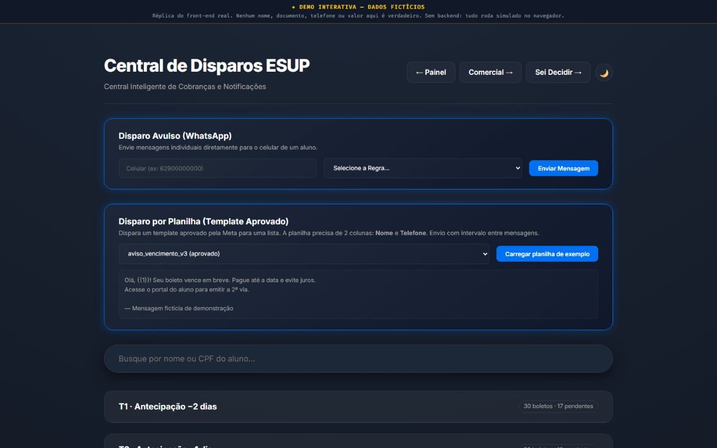 Tela do projeto Central de Disparos ESUP