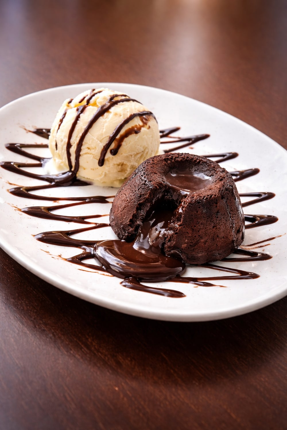 Petit gâteau de chocolate com centro derretido, bola de sorvete de creme e calda por cima