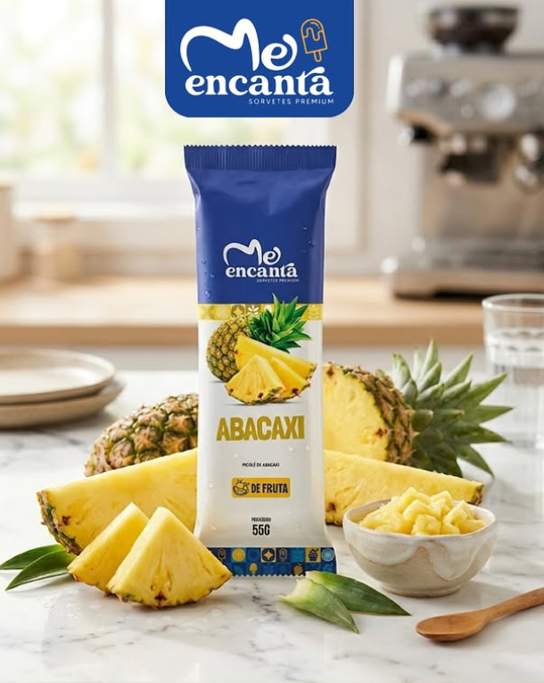 Picolé de fruta sabor abacaxi na embalagem, com abacaxi fresco fatiado ao redor