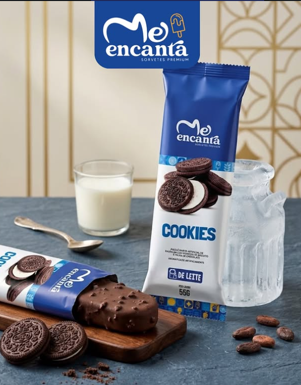 Picolé de leite sabor cookies coberto com chocolate, ao lado de biscoitos recheados e um copo de leite